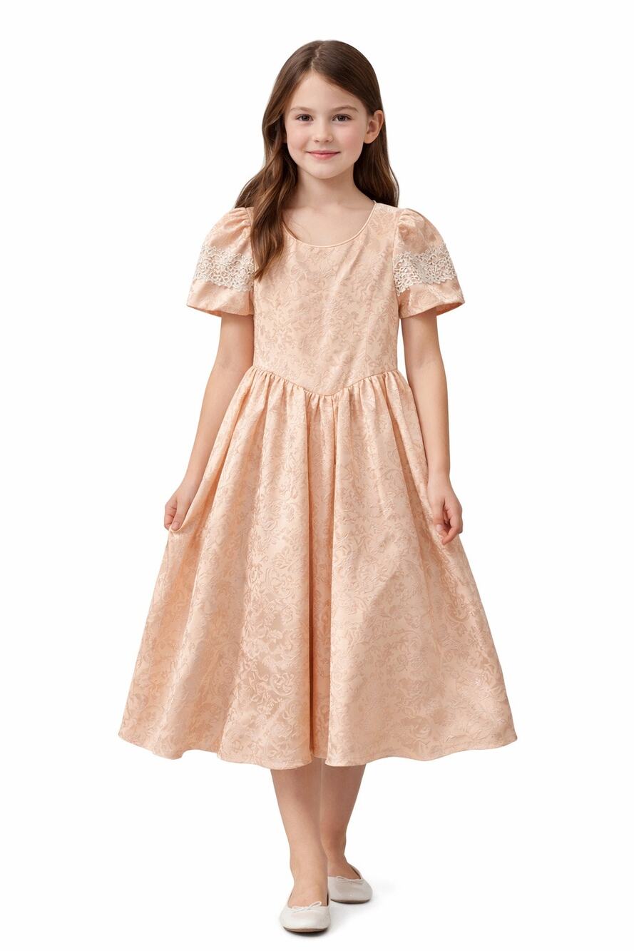 1990s Alfred Angelo Dream Maker Peach Brocade Lace Flower Girl Dress USA Made 12